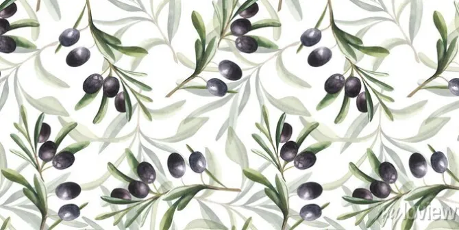 Tapeta: Watercolor hand drawn seamless pattern with black olives branches