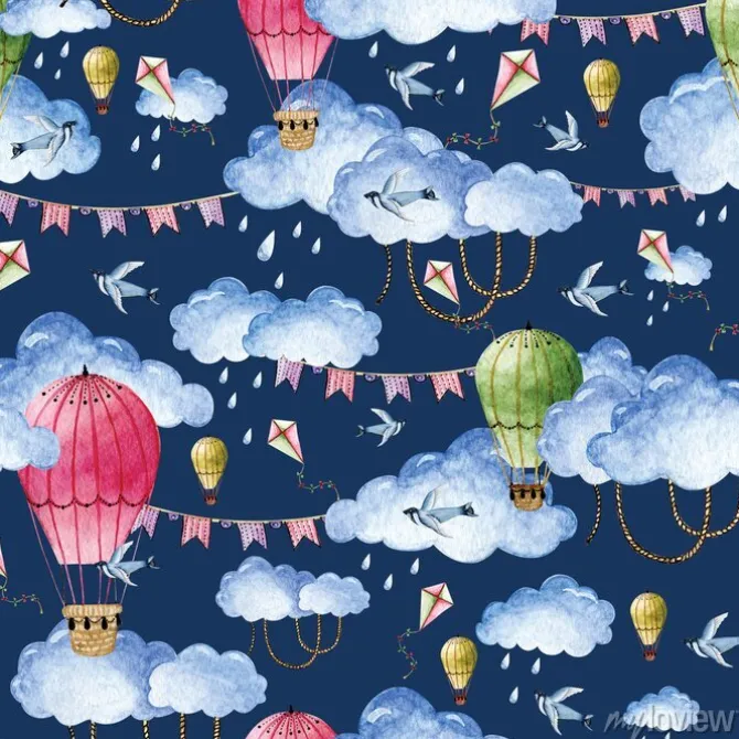 Tapeta: Watercolor pattern with balloons and clouds