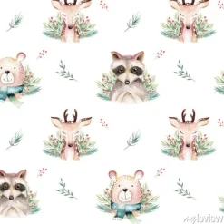Tapeta: Watercolor seamless pattern with cute baby bear, raccoon and