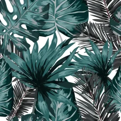 Tapeta: Watercolor seamless pattern with tropical leaves palms monstera