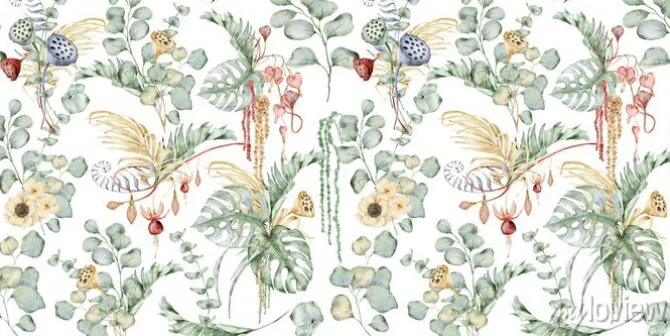 Tapeta: Watercolor seamless pattern with anemone flowers, eucalyptus