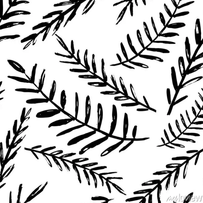 Tapeta: Wektor wzór liści bez szwu. czarne białe tło z akwarela, tusz