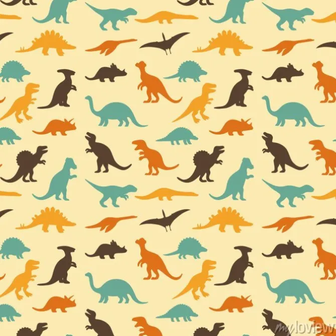 Tapeta: Wektor zestaw sylwetki dinozaurów, retro wzór tła