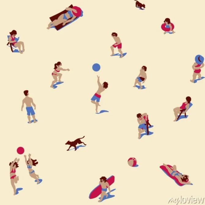 Tapeta: Wektorowa ilustracja ludzie sunbathing na piasek plaży. bezszwowy