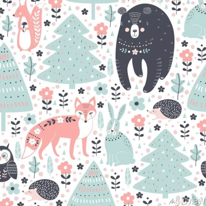 Tapeta: Wektorowy bezszwowy wzór z lasowymi zwierzętami: lis, niedźwiedź,