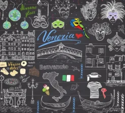 Tapeta: Wenecja elementy szkicu. ręcznie rysowane zestaw z flagą, mapa,