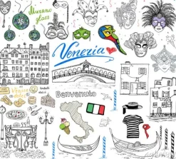 Tapeta: Wenecja elementy szkicu. ręcznie rysowane zestaw z flagą, mapa,