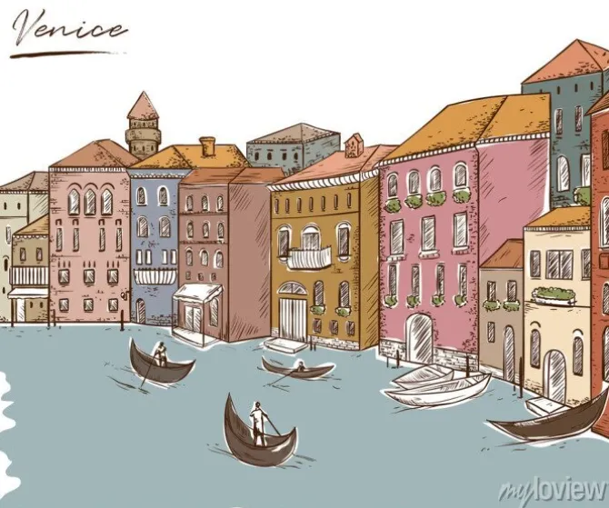 Tapeta: Wenecja. pejzaż z domami, kanałami i łodziami. ilustracji wektorowych