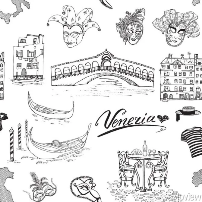 Tapeta: Wenecja szwu. ręcznie narysowanego szkic na mapie włoch, gondole,