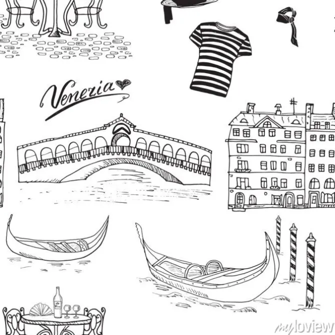 Tapeta: Wenecja szwu. ręcznie narysowanego szkic z gondoli gondoliera,