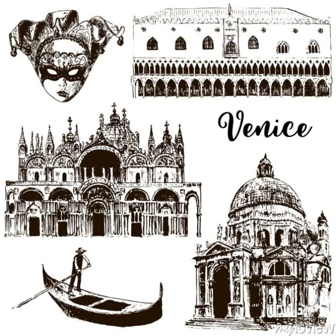 Tapeta: Weneckie architektoniczne symbole: maska karnawałowa, palazzo,