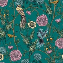 Tapeta: Wiktoriański ogród z kwiatami i ptakami