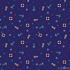 Tapeta: Wzorzec morska latarnia morska, koło ratunkowe i kotwica na ciemnoniebieskim