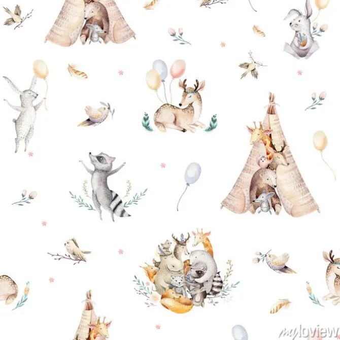 Tapeta: Wzór boho w leśne zwierzątka dla dzieci