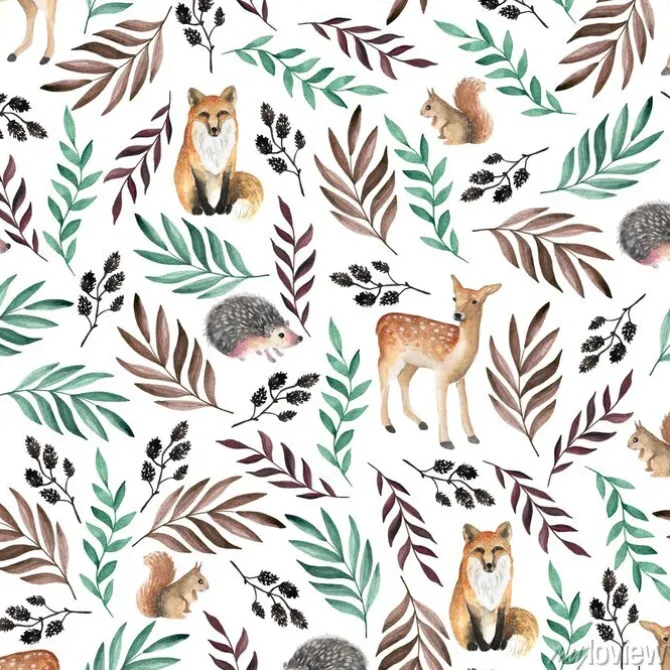 Tapeta: Wzór w leśne zwierzątka wśród liści
