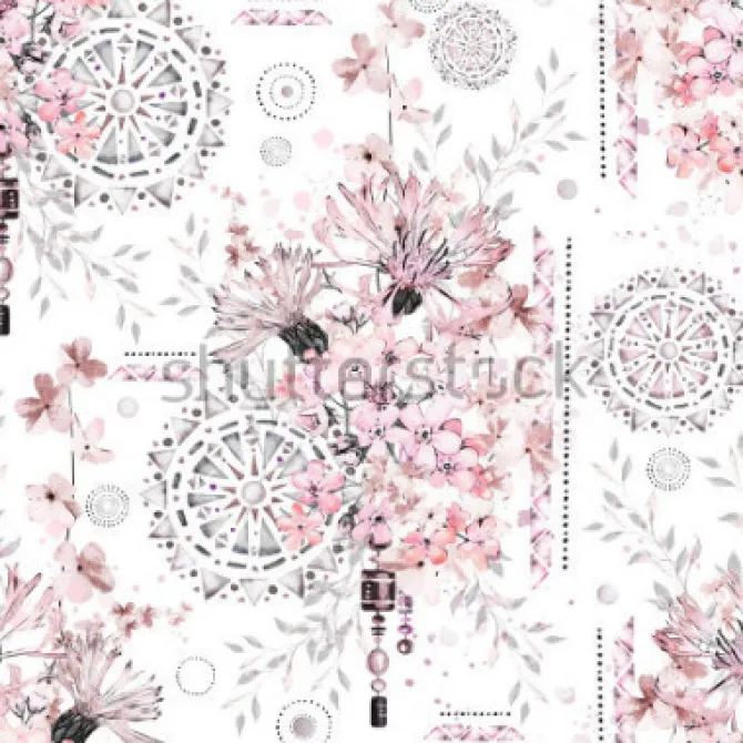 Tapeta: Wzór z akwarela kwiaty i teksturowane ozdoby - mandali. abstract