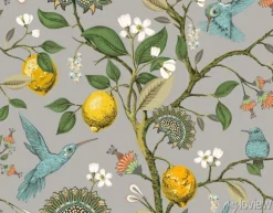 Tapeta: Wzór z cytrynami i ptakami na gałęzi