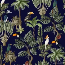 Tapeta: Wzór z egzotycznych drzew i ptaków