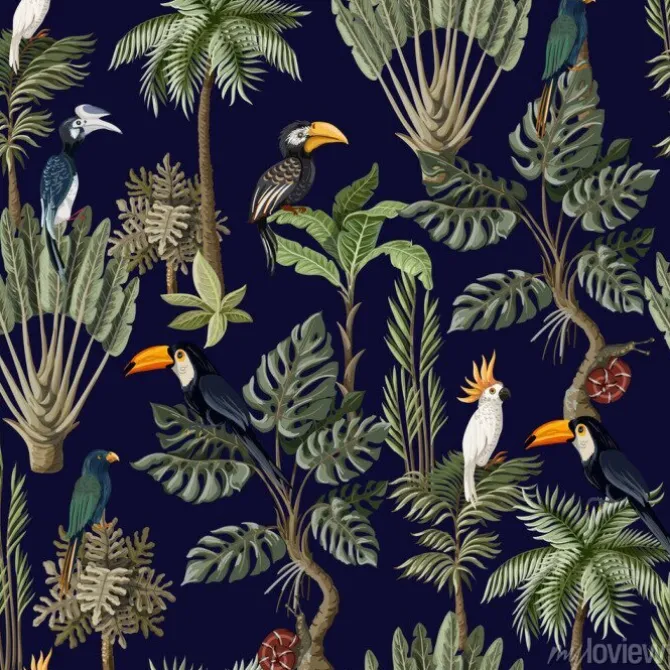Tapeta: Wzór z egzotycznych drzew i ptaków