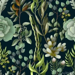 Tapeta: Wzór z eukaliptusa, magnolii, liści paproci i sukulentów. modny