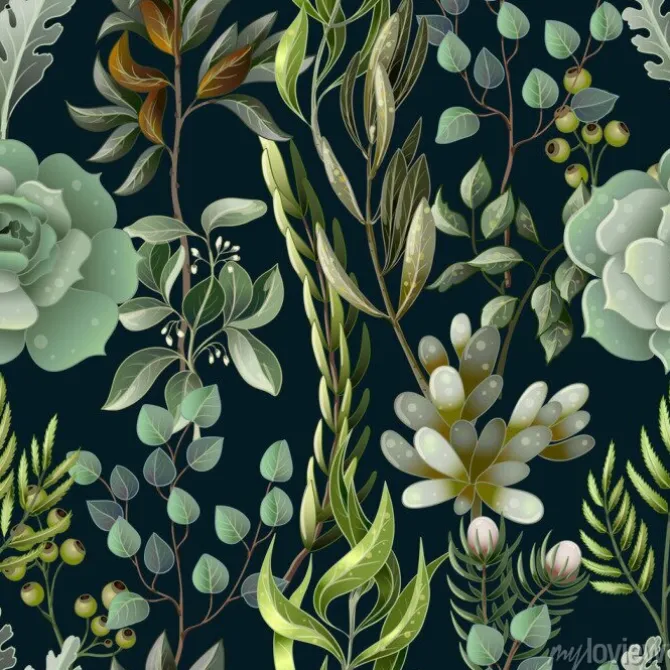 Tapeta: Wzór z eukaliptusa, magnolii, liści paproci i sukulentów. modny
