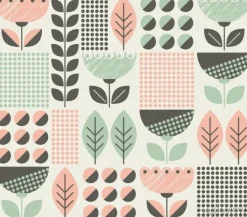 Tapeta: Wzór z kwiatów i liści w stylu retro skandynawskim
