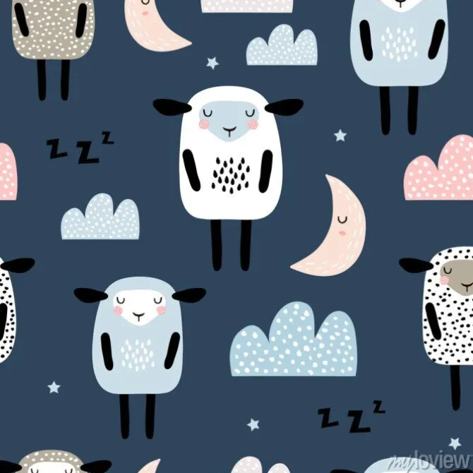 Tapeta: Wzór z słodkie śpiące owce, księżyc, chmury. twórczy dobranoc