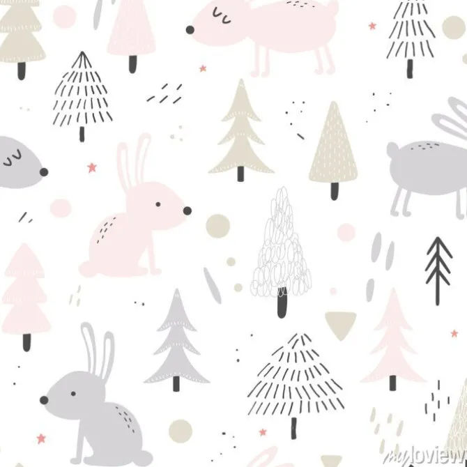 Tapeta: Wzór z zającami w stylu skandynawskim