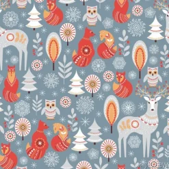 Tapeta: Wzór z zimowego lasu, jelenia, sowy i lisa.