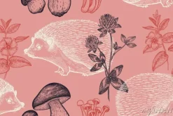 Tapeta: Wzór z zwierząt, kwiatów i grzybów.