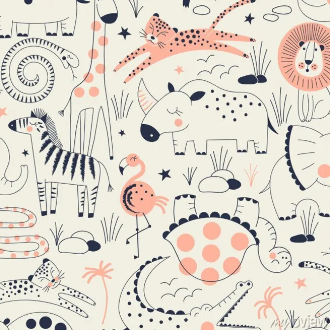 Tapeta: Wzór zwierzęcej dzikiej sawanny z snake, crocodile, turtle, elephant,