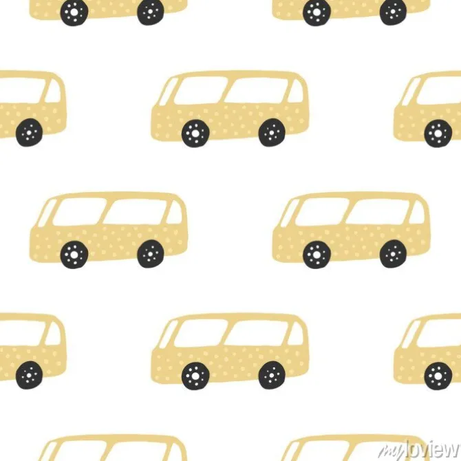 Tapeta: Yelow bus seamless pattern. doodle cars vector illustration.