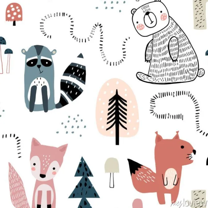 Tapeta: Zabawne zwierzaki i drzewa na białym tle