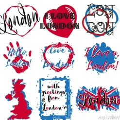 Tapeta: Zestaw naklejek z napisem o londynie i rozprysków farby serca
