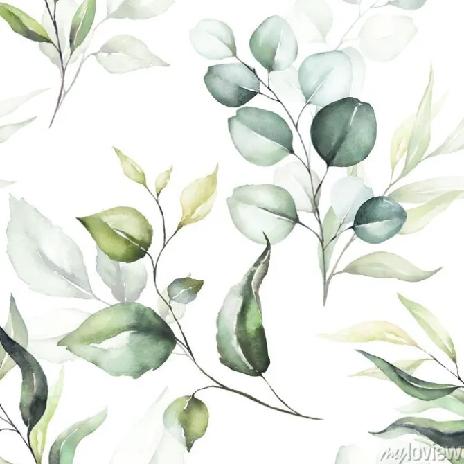 Tapeta: Zielone liście na białym tle akwarela