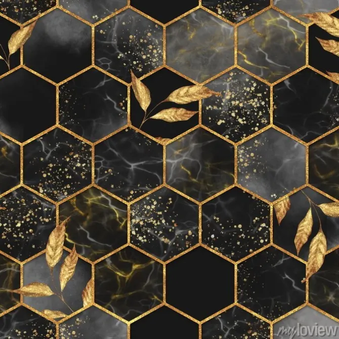 Tapeta: Złotawe sześciokąty i liście na czarnym marmurowym tle