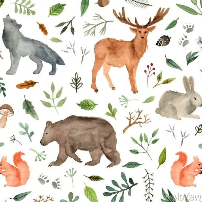 Tapeta: Zwierzęta leśne z gałązkami w stylu akwarelowym