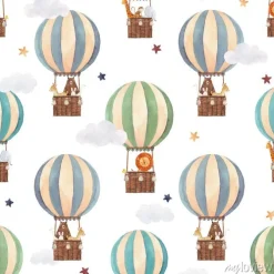 Tapeta: Zwierzątka lecące w balonach i gwiazdki