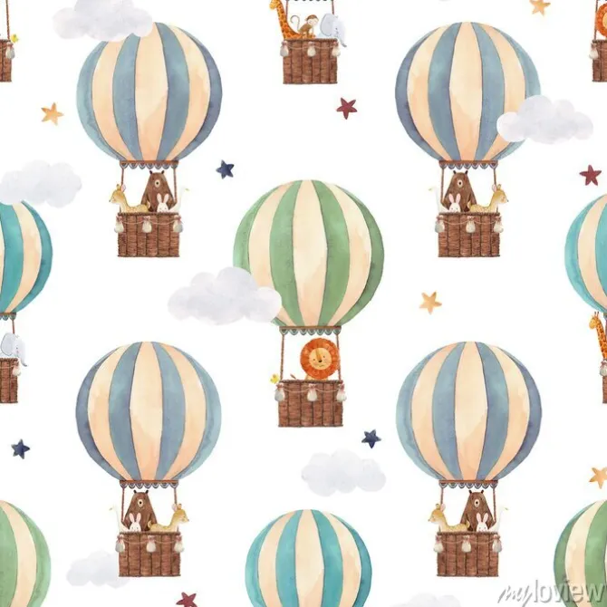 Tapeta: Zwierzątka lecące w balonach i gwiazdki